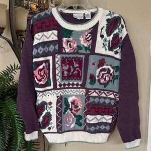 Vintage Russ Rose Floral & Paisley Patchwork Knit Crewneck Sweater Grandmacore